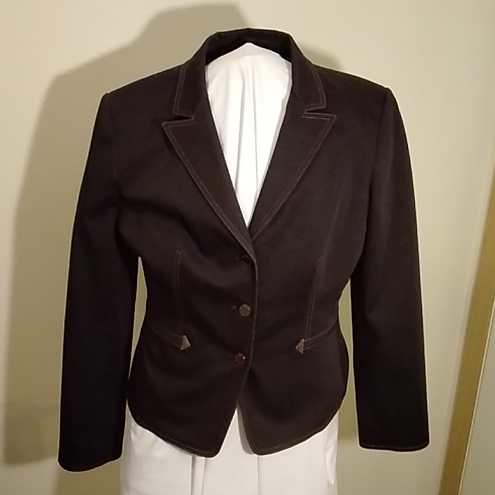 Black coat with brown stitching